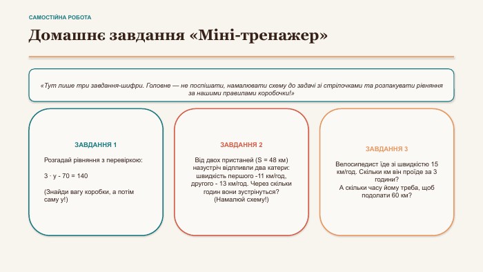 САМОСТІЙНА РОБОТАДомашнє завдання «Міні-тренажер»«Тут лише три завдання-шифри. Головне — не поспішати, намалювати схему до задачі зі стрілочками та розпакувати рівняння за нашими правилами коробочки!»ЗАВДАННЯ 1 Розгадай рівняння з перевіркою:3 · y - 70 = 140(Знайди вагу коробки, а потім саму y!)ЗАВДАННЯ 2 Від двох пристаней (S = 48 км) назустріч відпливли два катери: швидкість першого -11 км/год, другого - 13 км/год. Через скільки годин вони зустрінуться?(Намалюй схему!)ЗАВДАННЯ 3 Велосипедист їде зі швидкістю 15 км/год. Скільки км він проїде за 3 години?А скільки часу йому треба, щоб подолати 60 км?