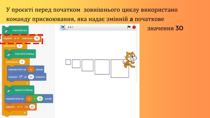 У проєкті перед початком зовнішнього циклу використано команду присвоювання, яка надає змінній а початкове значення 30