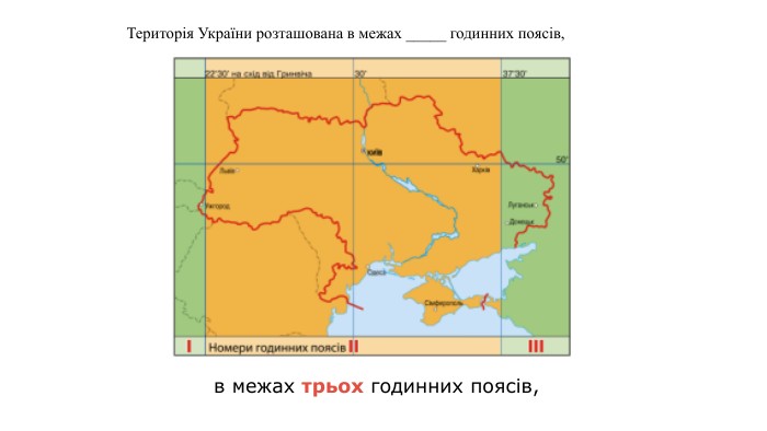 Територія України розташована в межах _____ годинних поясів, в межах трьох годинних поясів,