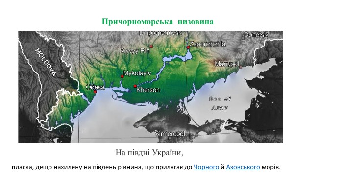 Причорноморська низовина На півдні України, пласка, дещо нахилену на південь рівнина, що прилягає до Чорного й Азовського морів. 