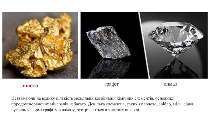 Незважаючи на велику кількість можливих комбінацій хімічних елементів, основних породоутворюючих мінералів небагато. Декілька елементів, таких як золото, срібло, мідь, сірка, вуглець у формі графіту й алмазу, зустрічаються в чистому вигляді.золото графіт алмаз 