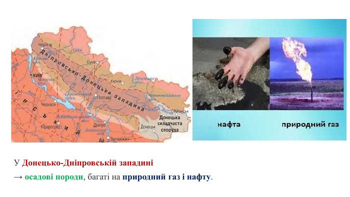 У Донецько-Дніпровській западині→ осадові породи, багаті на природний газ і нафту. 