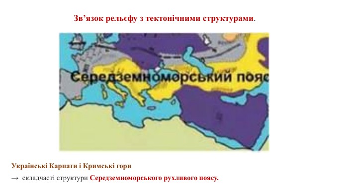  Українські Карпати і Кримські гори→ складчасті структури Середземноморського рухливого поясу. Зв’язок рельєфу з тектонічними структурами. 