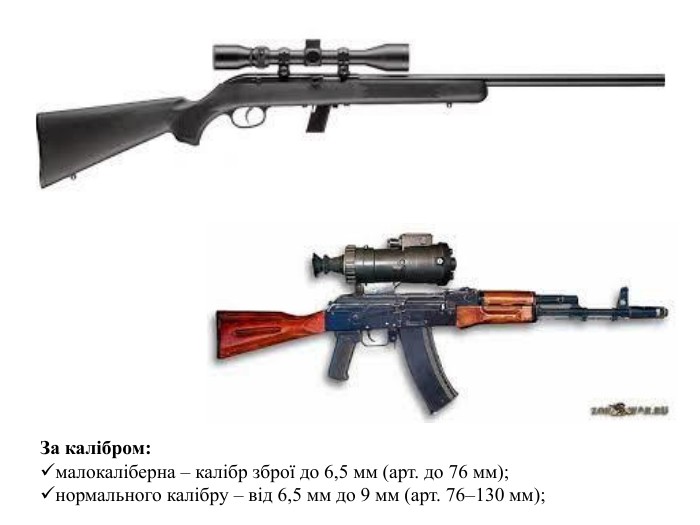 За калібром:малокаліберна – калібр зброї до 6,5 мм (арт. до 76 мм);нормального калібру – від 6,5 мм до 9 мм (арт. 76–130 мм);