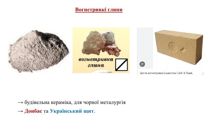 → будівельна кераміка, для чорної металургія→ Донбас та Український щит. Вогнетривкі глини 
