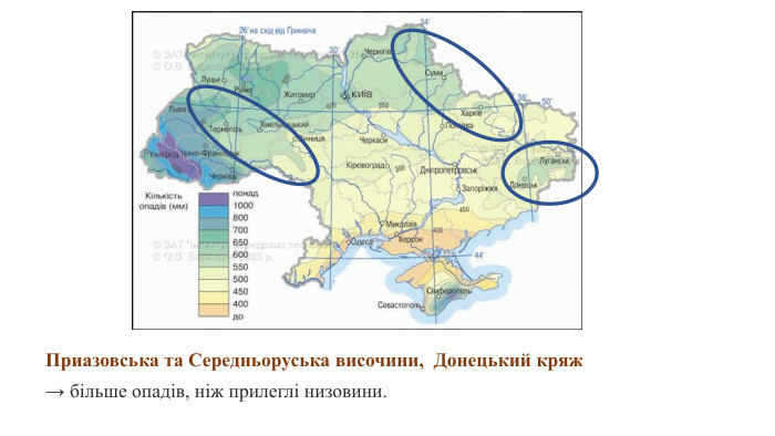 Приазовська та Середньоруська височини, Донецький кряж → більше опадів, ніж прилеглі низовини.