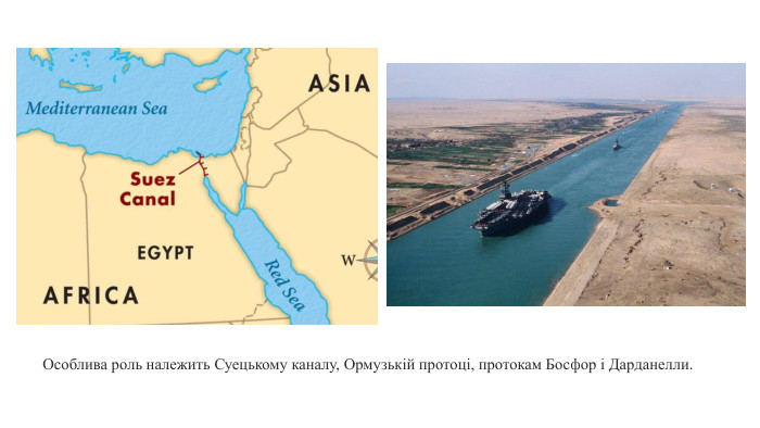 Особлива роль належить Суецькому каналу, Ормузькій протоці, протокам Босфор і Дарданелли. 
