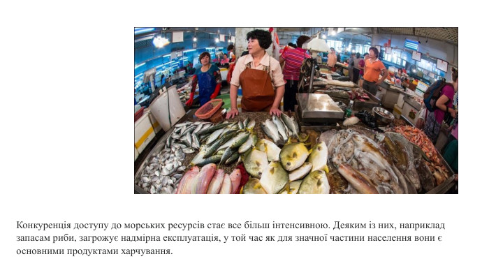 Конкуренція доступу до морських ресурсів стає все більш інтенсивною. Деяким із них, наприклад запасам риби, загрожує надмірна експлуатація, у той час як для значної частини населення вони є основними продуктами харчування. 