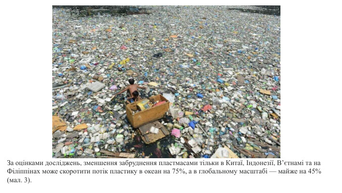 За оцінками досліджень, зменшення забруднення пластмасами тільки в Китаї, Індонезії, В’єтнамі та на Філіппінах може скоротити потік пластику в океан на 75%, а в глобальному масштабі — майже на 45% (мал. 3).