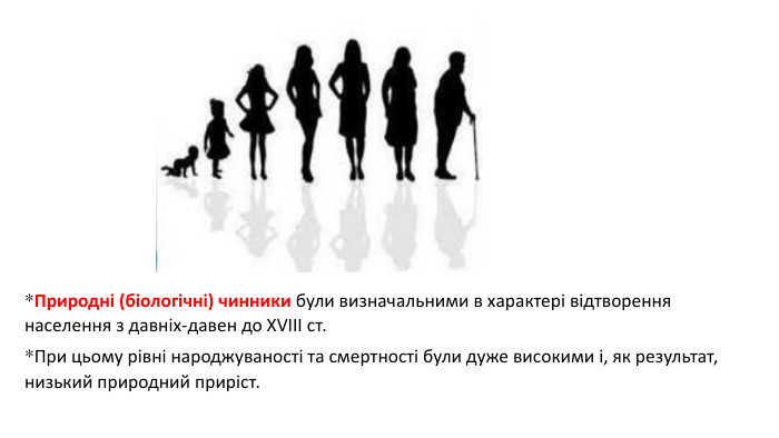 *Природні (біологічні) чинники були визначальними в характері відтворення населення з давніх-давен до XVIII ст. *При цьому рівні народжуваності та смертності були дуже високими і, як результат, низький природний приріст.