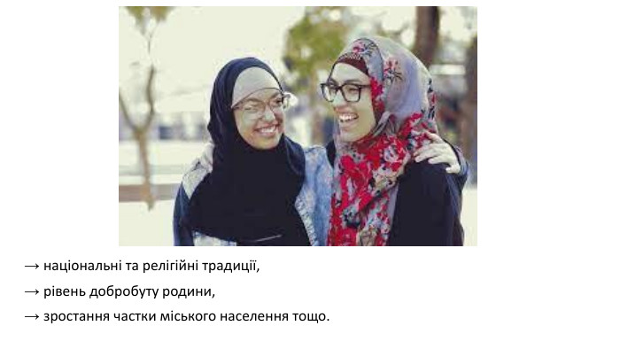 → національні та релігійні традиції, → рівень добробуту родини, → зростання частки міського населення тощо. 