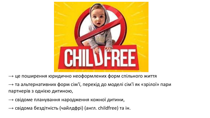 → це поширення юридично неоформлених форм спільного життя → та альтернативних форм сім'ї, перехід до моделі сім'ї як «зрілої» пари партнерів з однією дитиною, → свідоме планування народження кожної дитини, → свідома бездітність (чайлдфрі) (англ. childfree) та ін.