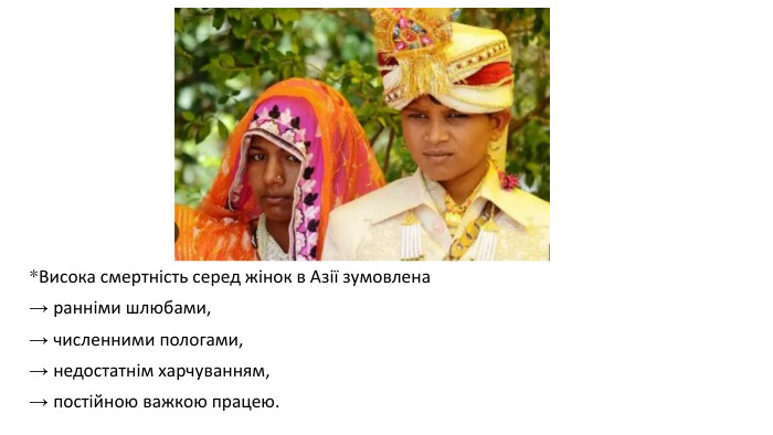 *Висока смертність серед жінок в Азії зумовлена → ранніми шлюбами, → численними пологами, → недостатнім харчуванням, → постійною важкою працею. 