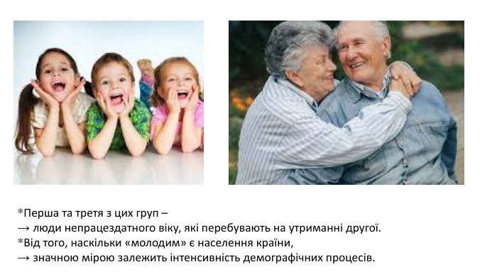 *Перша та третя з цих груп – → люди непрацездатного віку, які перебувають на утриманні другої. *Від того, наскільки «молодим» є населення країни, → значною мірою залежить інтенсивність демографічних процесів.