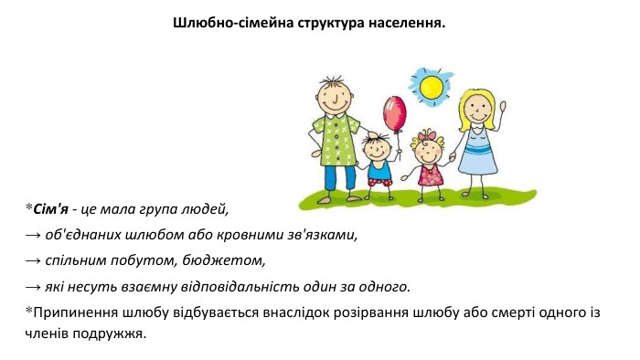 *Сім'я - це мала група людей, → об'єднаних шлюбом або кровними зв'язками, → спільним побутом, бюджетом, → які несуть взаємну відповідальність один за одного. *Припинення шлюбу відбувається внаслідок розірвання шлюбу або смерті одного із членів подружжя. Шлюбно-сімейна структура населення. 