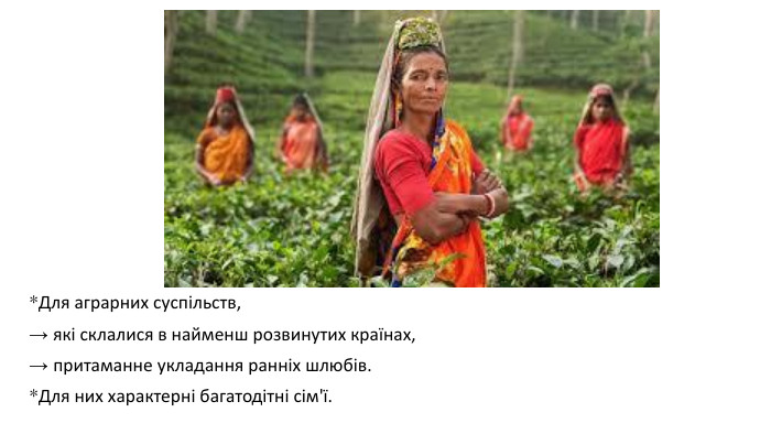 *Для аграрних суспільств, → які склалися в найменш розвинутих країнах, → притаманне укладання ранніх шлюбів. *Для них характерні багатодітні сім'ї. 