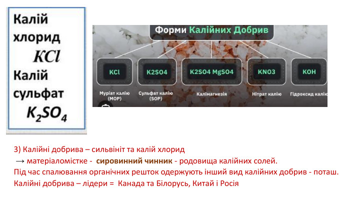3) Калійні добрива – сильвініт та калій хлорид → матеріаломістке - сировинний чинник - родовища калійних солей. Під час спалювання органічних решток одержують інший вид калійних добрив - поташ. Калійні добрива – лідери = Канада та Білорусь, Китай і Росія 