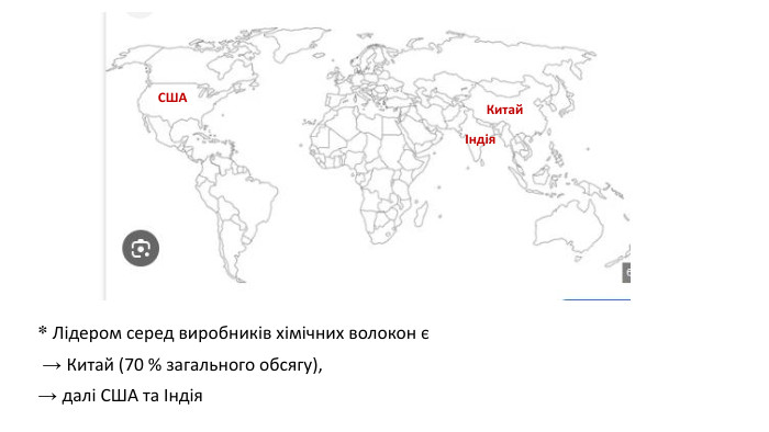 * Лідером серед виробників хімічних волокон є → Китай (70 % загального обсягу), → далі США та Індія. Китай СШАІндія