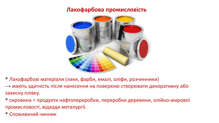 * Лакофарбові матеріали (лаки, фарби, емалі, оліфи, розчинники)→ мають здатність після нанесення на поверхню створювати декоративну або захисну плівку.* сировина = продукти нафтопереробки, переробки деревини, олійно-жирової промисловості, відходи металургії. * Споживачий чинник. Лакофарбова промисловість