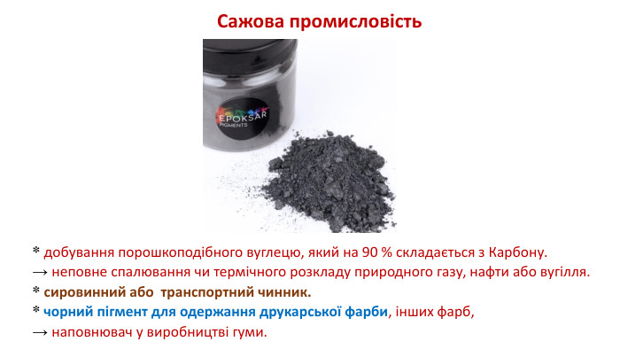 * добування порошкоподібного вуглецю, який на 90 % складається з Карбону. → неповне спалювання чи термічного розкладу природного газу, нафти або вугілля. * сировинний або транспортний чинник. * чорний пігмент для одержання друкарської фарби, інших фарб, → наповнювач у виробництві гуми. Сажова промисловість 