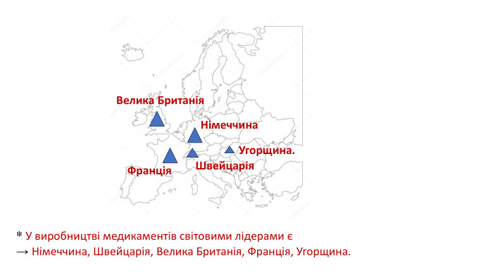 * У виробництві медикаментів світовими лідерами є → Німеччина, Швейцарія, Велика Британія, Франція, Угорщина. Німеччина. Швейцарія. Велика Британія. Франція. Угорщина.
