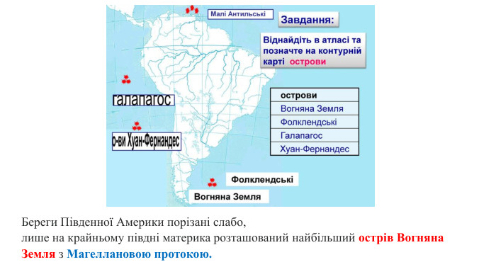 Береги Південної Америки порізані слабо, лише на крайньому півдні материка розташований найбільший острів Вогняна Земля з Магеллановою протокою.