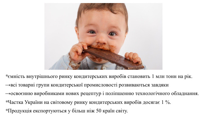 *ємність внутрішнього ринку кондитерських виробів становить 1 млн тонн на рік. →всі товарні групи кондитерської промисловості розвиваються завдяки →освоєнню виробниками нових рецептур і поліпшенню технологічного обладнання. *Частка України на світовому ринку кондитерських виробів досягає 1 %. *Продукція експортуються у більш ніж 50 країн світу.