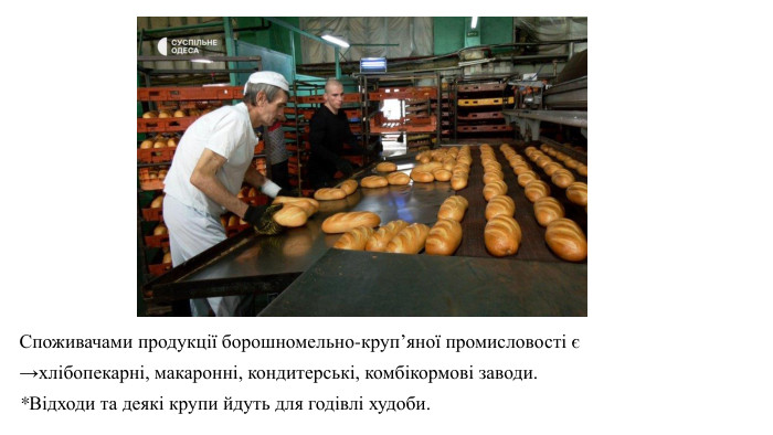 Споживачами продукції борошномельно-круп’яної промисловості є →хлібопекарні, макаронні, кондитерські, комбікормові заводи. *Відходи та деякі крупи йдуть для годівлі худоби. 