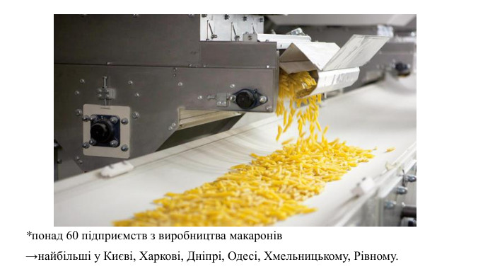 *понад 60 підприємств з виробництва макаронів→найбільші у Києві, Харкові, Дніпрі, Одесі, Хмельницькому, Рівному.