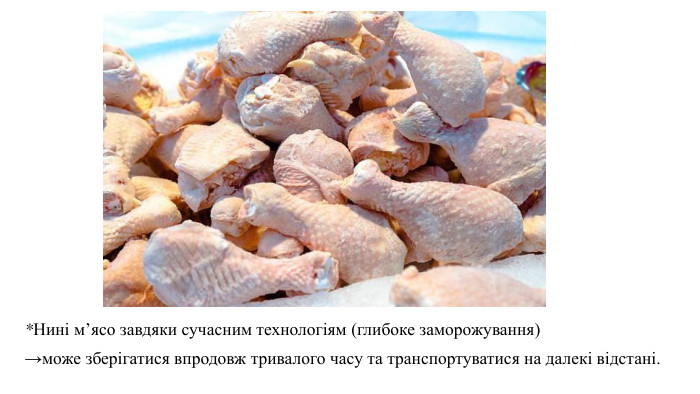 *Нині м’ясо завдяки сучасним технологіям (глибоке заморожування) →може зберігатися впродовж тривалого часу та транспортуватися на далекі відстані. 