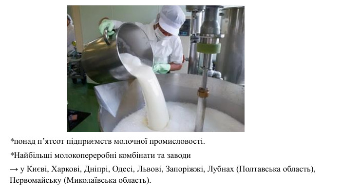 *понад п’ятсот підприємств молочної промисловості.*Найбільші молокопереробні комбінати та заводи→ у Києві, Харкові, Дніпрі, Одесі, Львові, Запоріжжі, Лубнах (Полтавська область), Первомайську (Миколаївська область). 