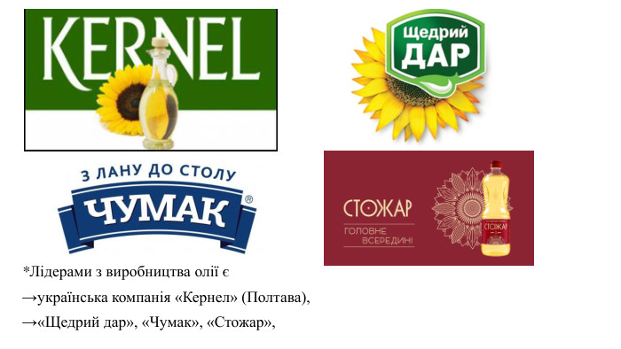 *Лідерами з виробництва олії є →українська компанія «Кернел» (Полтава), →«Щедрий дар», «Чумак», «Стожар», 