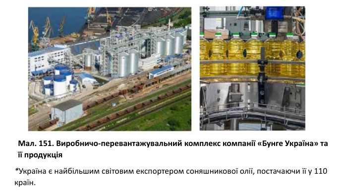*Україна є найбільшим світовим експортером соняшникової олії, постачаючи її у 110 країн. Мал. 151. Виробничо-перевантажувальний комплекс компанії «Бунге Україна» та її продукція