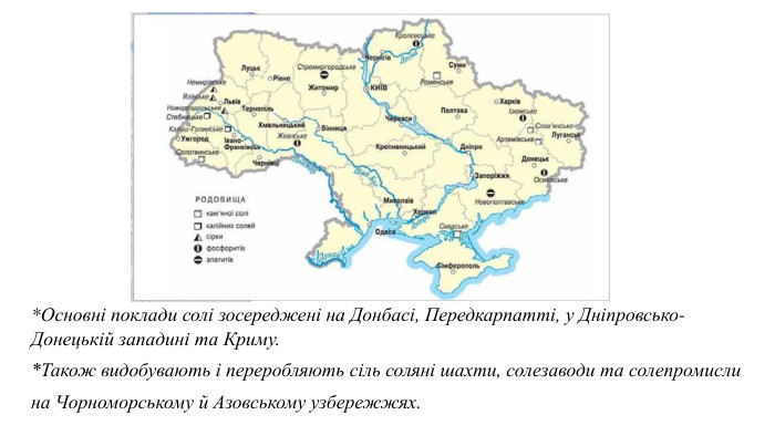 *Основні поклади солі зосереджені на Донбасі, Передкарпатті, у Дніпровсько-Донецькій западині та Криму. *Також видобувають і переробляють сіль соляні шахти, солезаводи та солепромисли на Чорноморському й Азовському узбережжях.