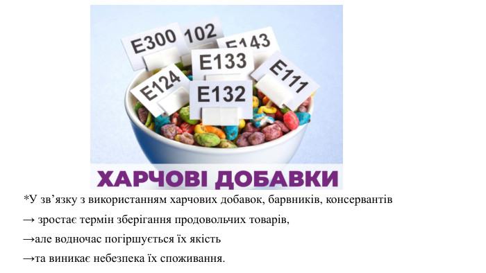 *У зв’язку з використанням харчових добавок, барвників, консервантів→ зростає термін зберігання продовольчих товарів, →але водночас погіршується їх якість →та виникає небезпека їх споживання. 