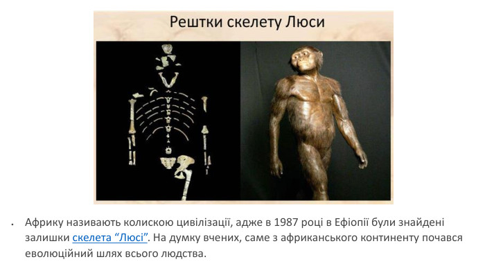 Африку називають колискою цивілізації, адже в 1987 році в Ефіопії були знайдені залишки скелета “Люсі”. На думку вчених, саме з африканського континенту почався еволюційний шлях всього людства.