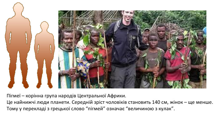 Пігмеї – корінна група народів Центральної Африки. Це найнижчі люди планети. Середній зріст чоловіків становить 140 см, жінок – ще менше. Тому у перекладі з грецької слово “пігмей” означає “величиною з кулак”. 
