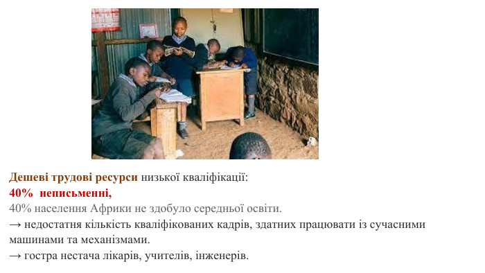 Дешеві трудові ресурси низької кваліфікації: 40% неписьменні, 40% населення Африки не здобуло середньої освіти.→ недостатня кількість кваліфікованих кадрів, здатних працювати із сучасними машинами та механізмами. → гостра нестача лікарів, учителів, інженерів. 