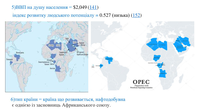 5)ВВП на душу населення = $2,049 (141) індекс розвитку людського потенцiалу = 0.527 (низька) (152)6)тип країни = країна що розвивається, нафтодобувна є однією із засновниць Африканського союзу. 