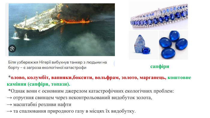  *олово, колумбіт, вапняки,боксити, вольфрам, золото, марганець, коштовне каміння (сапфіри, топази).  *Однак вони є основним джерелом катастрофічних екологічних проблем: → отруєння свинцем через неконтрольований видобуток золота, → масштабні розливи нафти → та спалювання природного газу в місцях їх видобутку. сапфіри