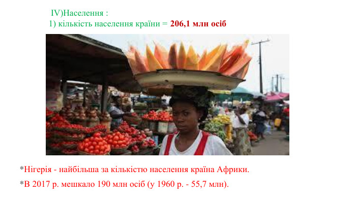  *Нігерія - найбільша за кількістю населення країна Африки.  *В 2017 р. мешкало 190 млн осіб (у 1960 р. - 55,7 млн). ІV)Населення :1) кількість населення країни = 206,1 млн осіб