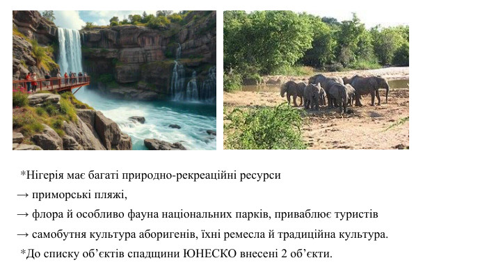  *Нігерія має багаті природно-рекреаційні ресурси → приморські пляжі, → флора й особливо фауна національних парків, приваблює туристів → самобутня культура аборигенів, їхні ремесла й традиційна культура.  *До списку об’єктів спадщини ЮНЕСКО внесені 2 об’єкти.