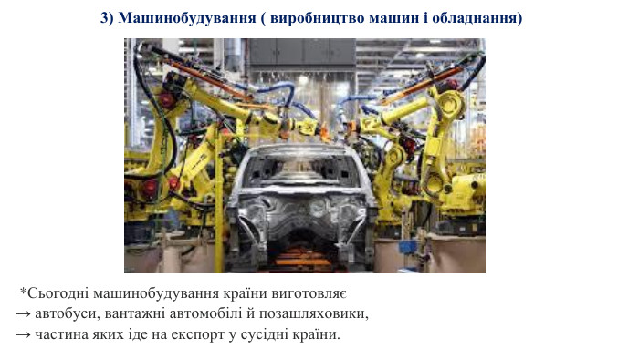  *Сьогодні машинобудування країни виготовляє → автобуси, вантажні автомобілі й позашляховики, → частина яких іде на експорт у сусідні країни. 3) Машинобудування ( виробництво машин і обладнання) 