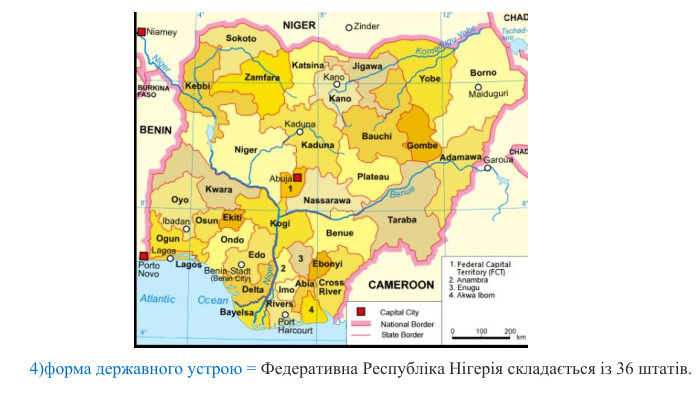4)форма державного устрою = Федеративна Республіка Нігерія складається із 36 штатів.