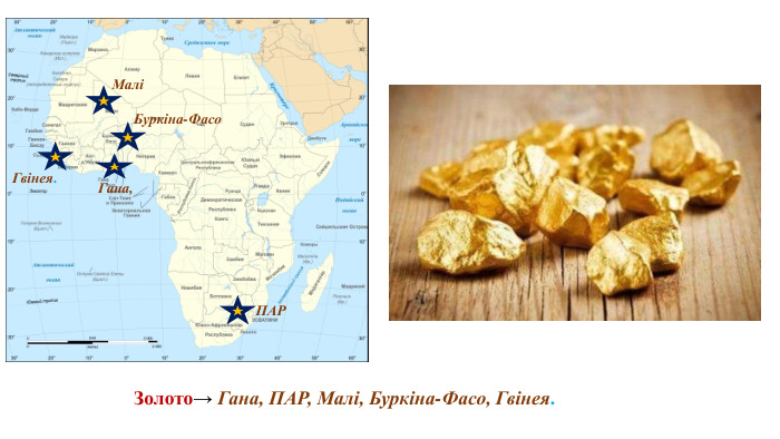 Золото→ Гана, ПАР, Малі, Буркіна-Фасо, Гвінея. Гана,ПАРМаліБуркіна-Фасо. Гвінея.