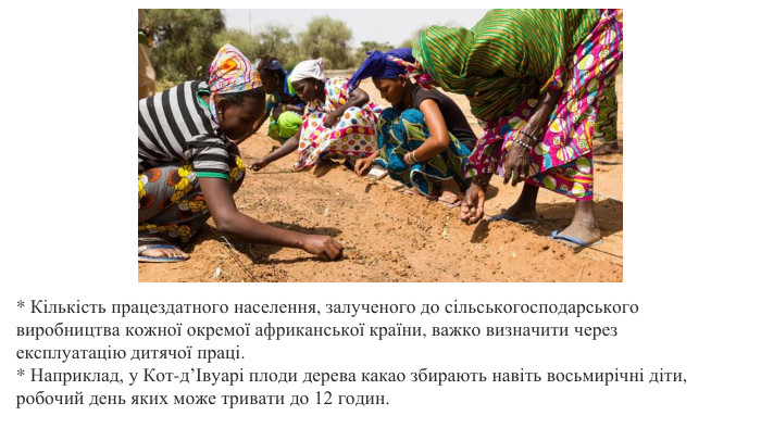 * Кількість працездатного населення, залученого до сільськогосподарського виробництва кожної окремої африканської країни, важко визначити через експлуатацію дитячої праці. * Наприклад, у Кот-д’Івуарі плоди дерева какао збирають навіть восьмирічні діти, робочий день яких може тривати до 12 годин.