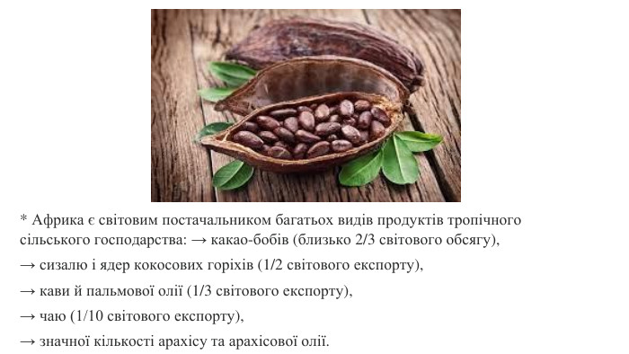 * Африка є світовим постачальником багатьох видів продуктів тропічного сільського господарства: → какао-бобів (близько 2/3 світового обсягу), → сизалю і ядер кокосових горіхів (1/2 світового експорту), → кави й пальмової олії (1/3 світового експорту), → чаю (1/10 світового експорту), → значної кількості арахісу та арахісової олії. 