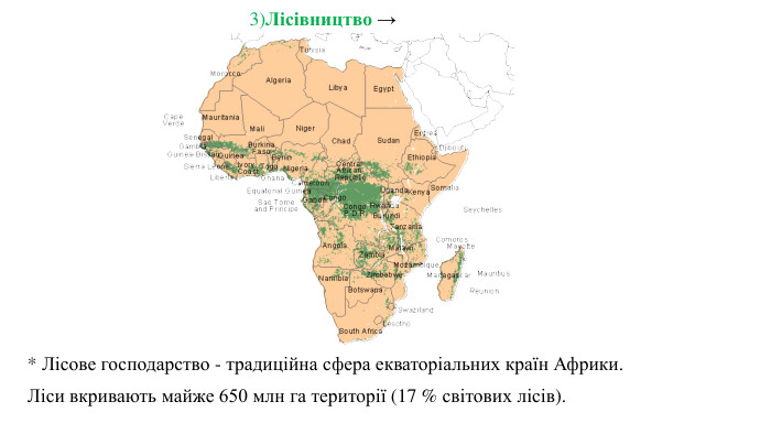 * Лісове господарство - традиційна сфера екваторіальних країн Африки. Ліси вкривають майже 650 млн га території (17 % світових лісів). 3)Лiсiвництво → 