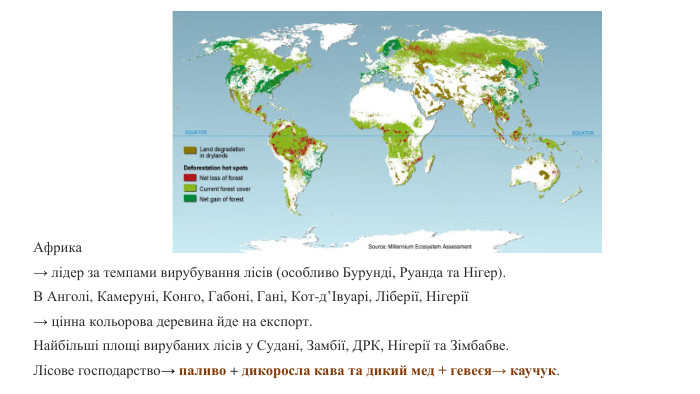 Африка → лідер за темпами вирубування лісів (особливо Бурунді, Руанда та Нігер). В Анголі, Камеруні, Конго, Габоні, Гані, Кот-д’Івуарі, Ліберії, Нігерії→ цінна кольорова деревина йде на експорт. Найбільші площі вирубаних лісів у Судані, Замбії, ДРК, Нігерії та Зімбабве. Лісове господарство→ паливо + дикоросла кава та дикий мед + гевеєя→ каучук. 