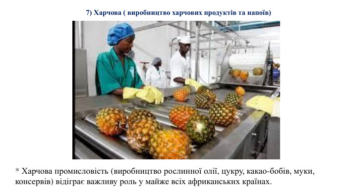 * Харчова промисловість (виробництво рослинної олії, цукру, какао-бобів, муки, консервів) відіграє важливу роль у майже всіх африканських країнах.7) Харчова ( виробництво харчових продуктів та напоїв)